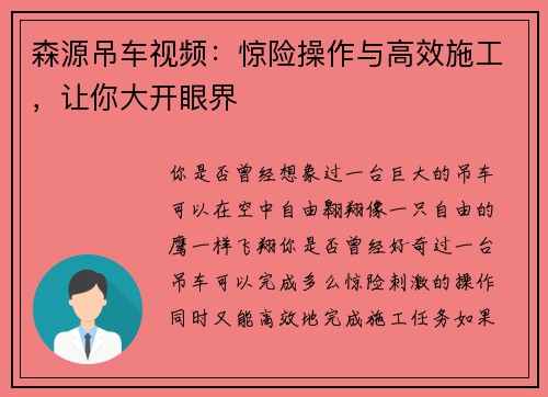 森源吊车视频：惊险操作与高效施工，让你大开眼界